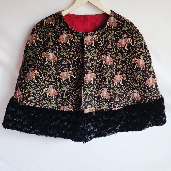Vintage Elephant Tapestry Cape Faux Fur Trim Boho Ethnic Heavy Wrap Cotton Blend - Picture 2 of 16
